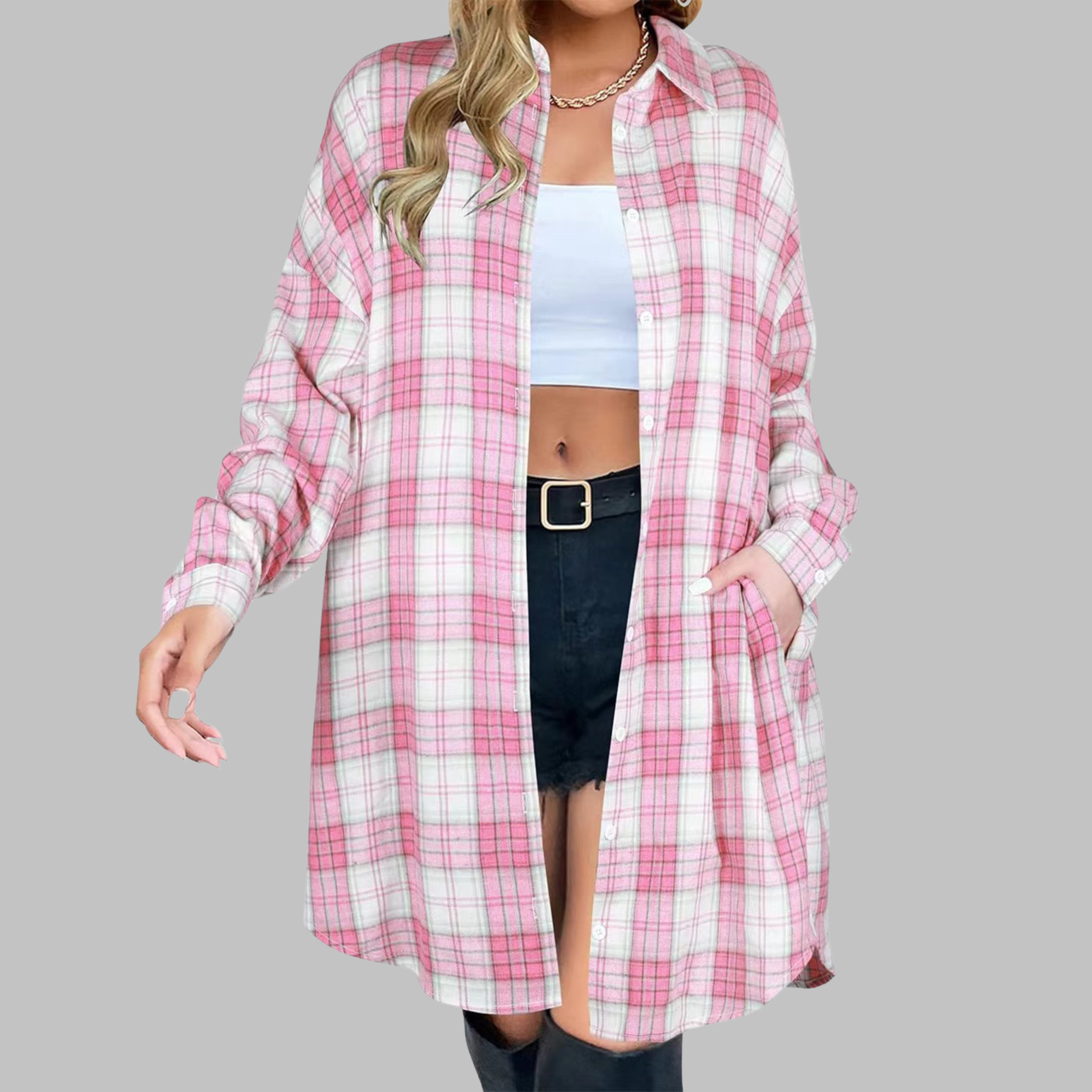 CINA™ - Classy Button Down Plaid Long-Sleeve Jacket