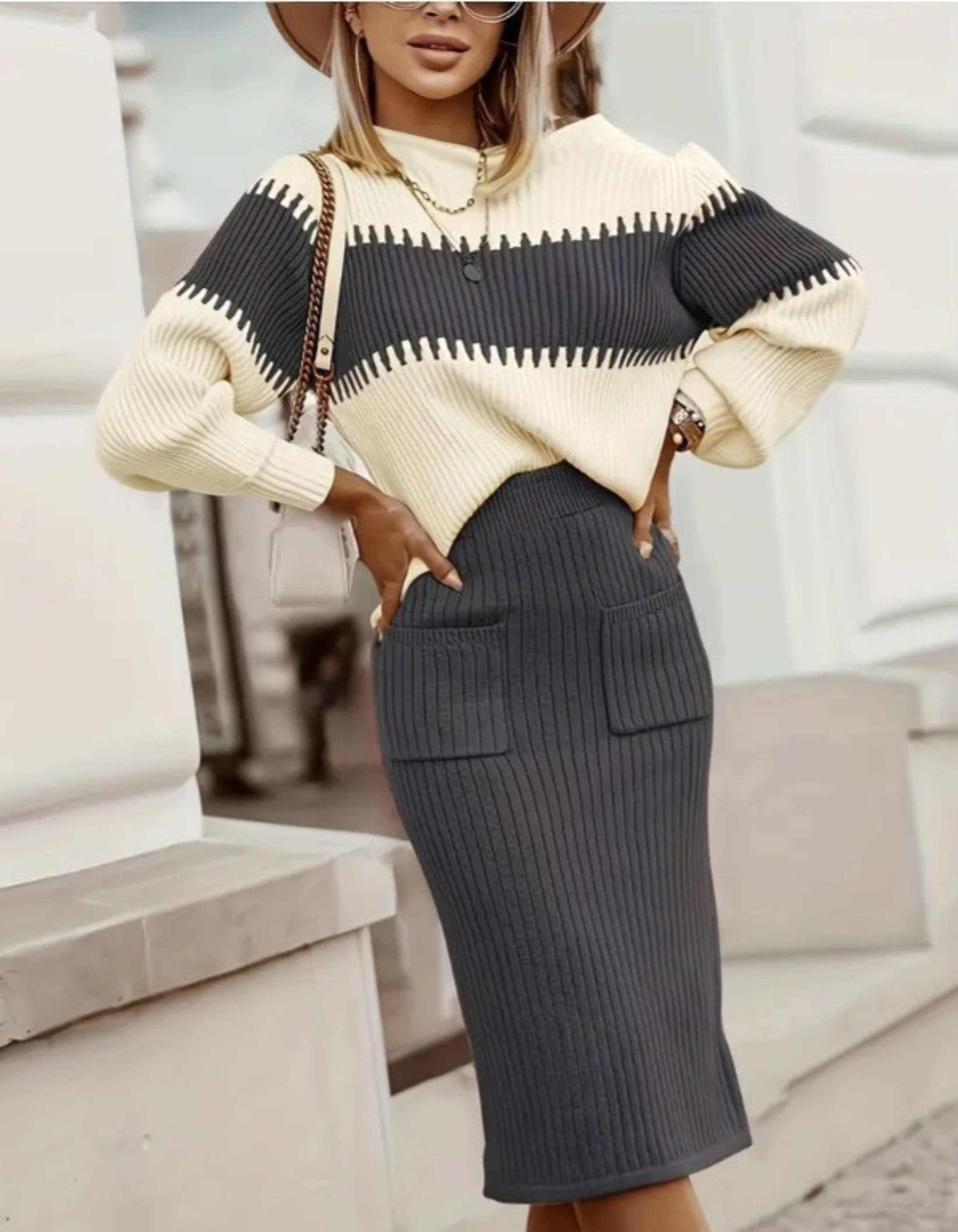 VIVA™ - Elegant Mock Neck Sweater and High Waist Skirt Set