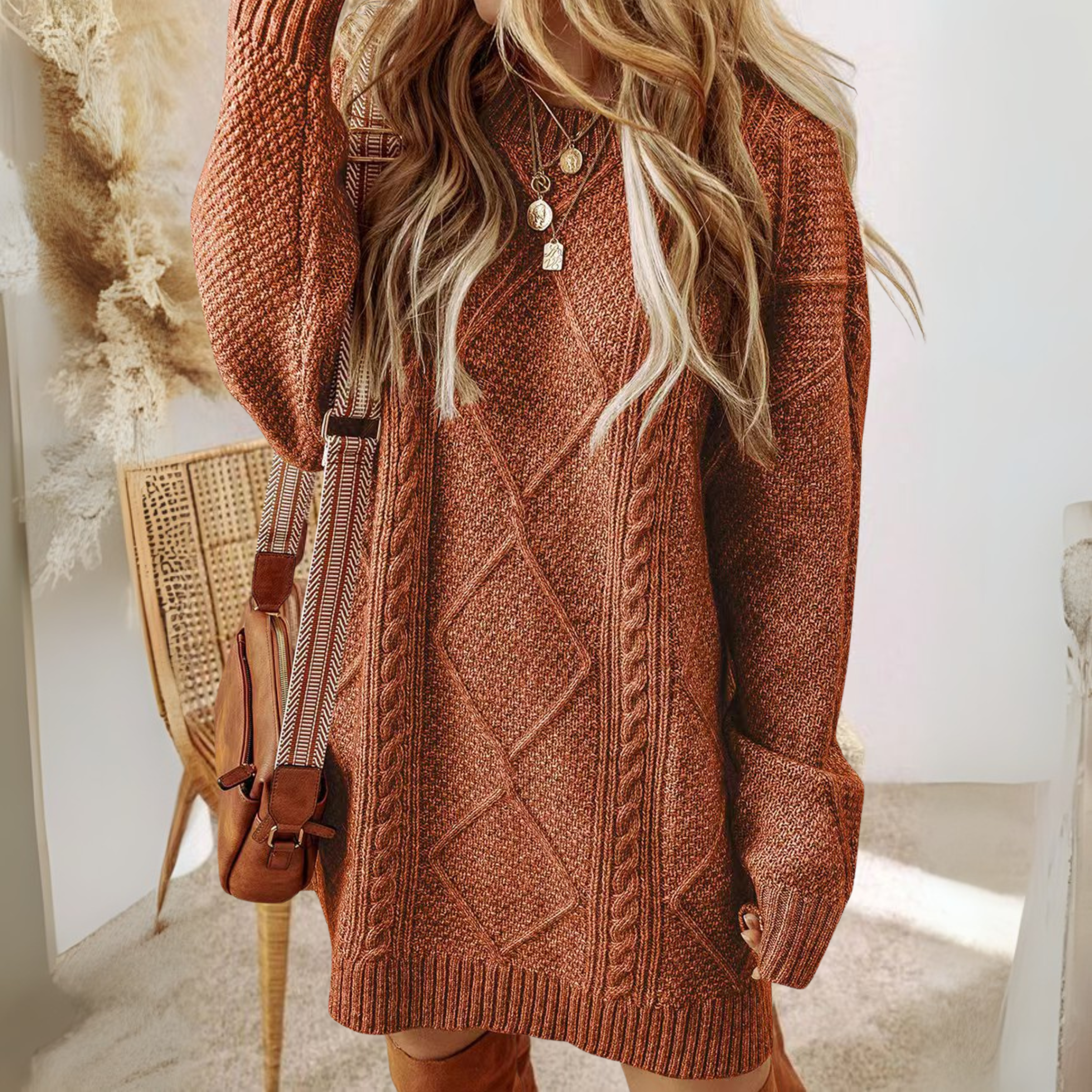 APAT™ - Cozy Round Neck Long Sleeve Midi Sweater Dress