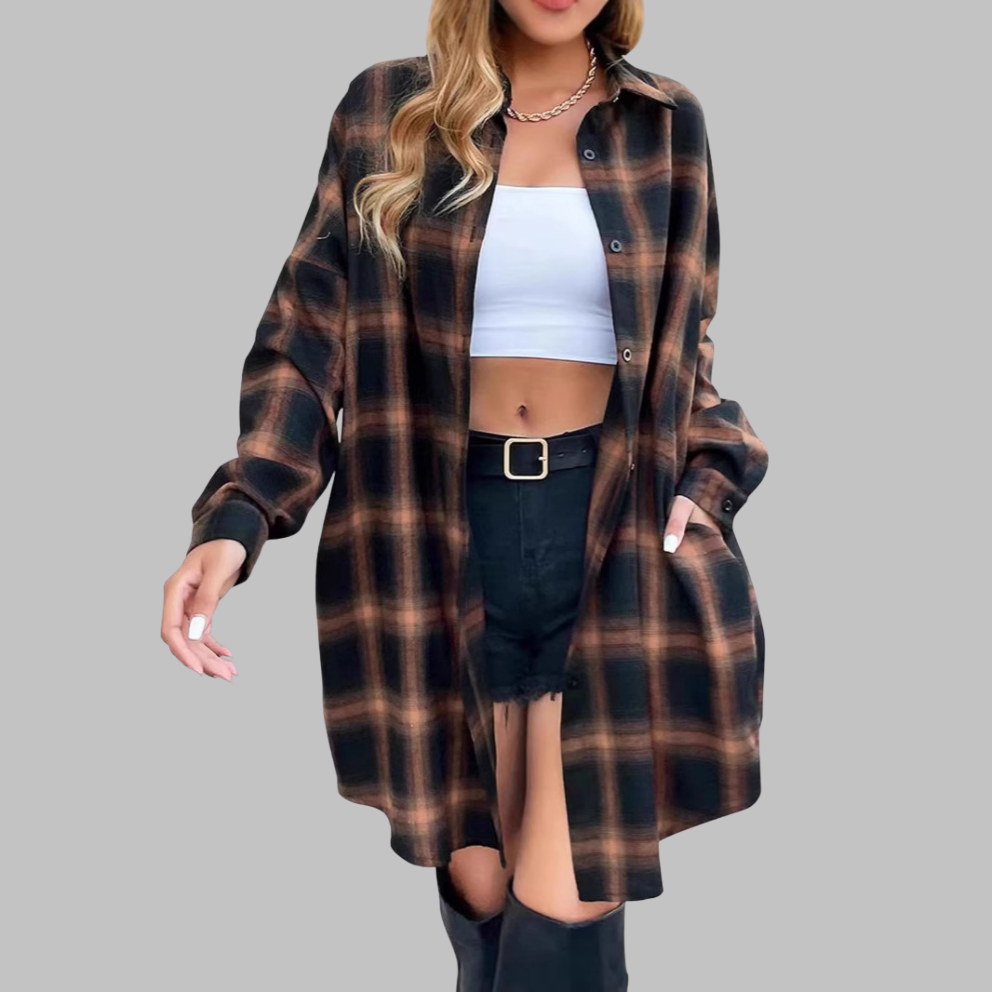 CINA™ - Classy Button Down Plaid Long-Sleeve Jacket