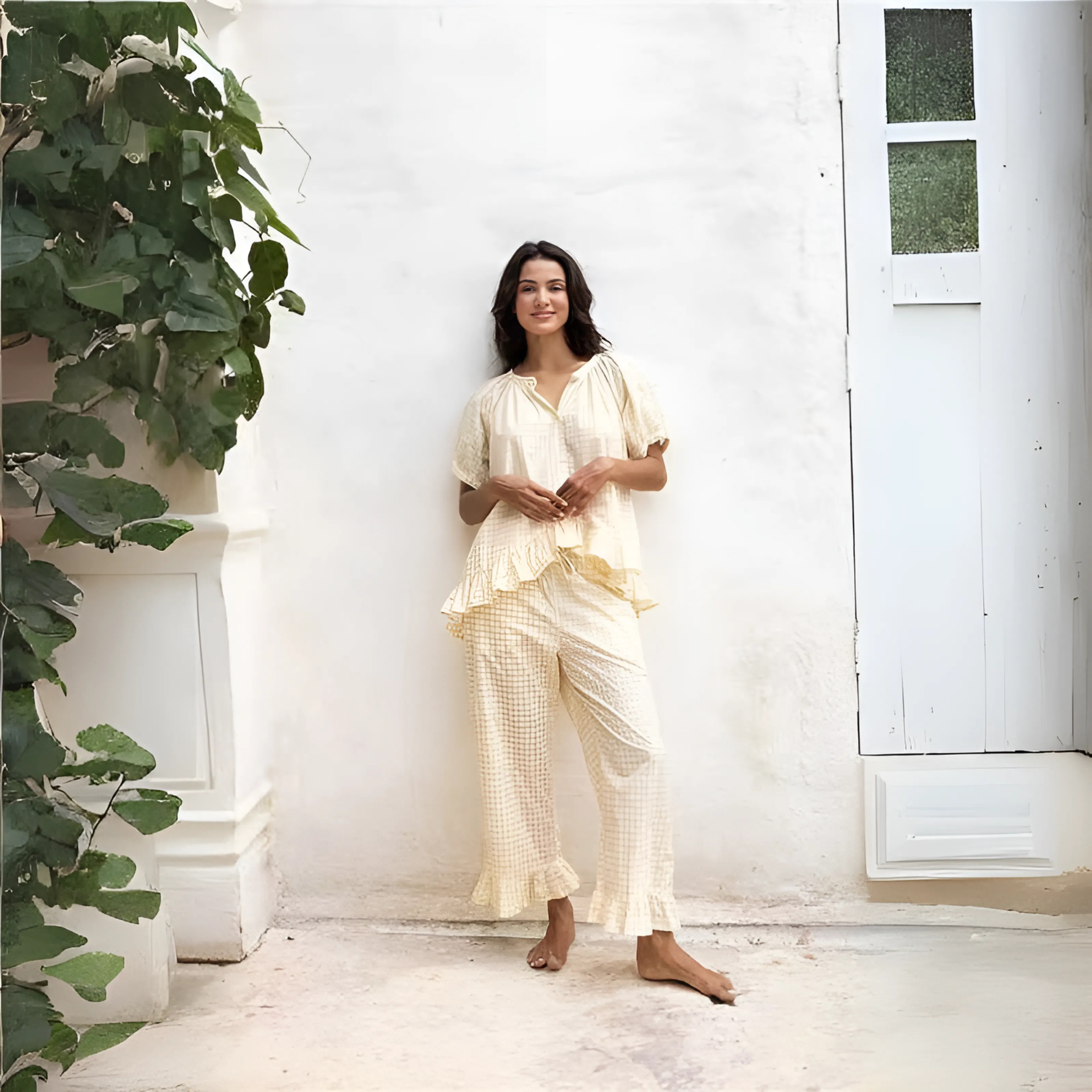 NEVERLAND™ - Casual Plaid Puff Sleeve Top and Pants Set