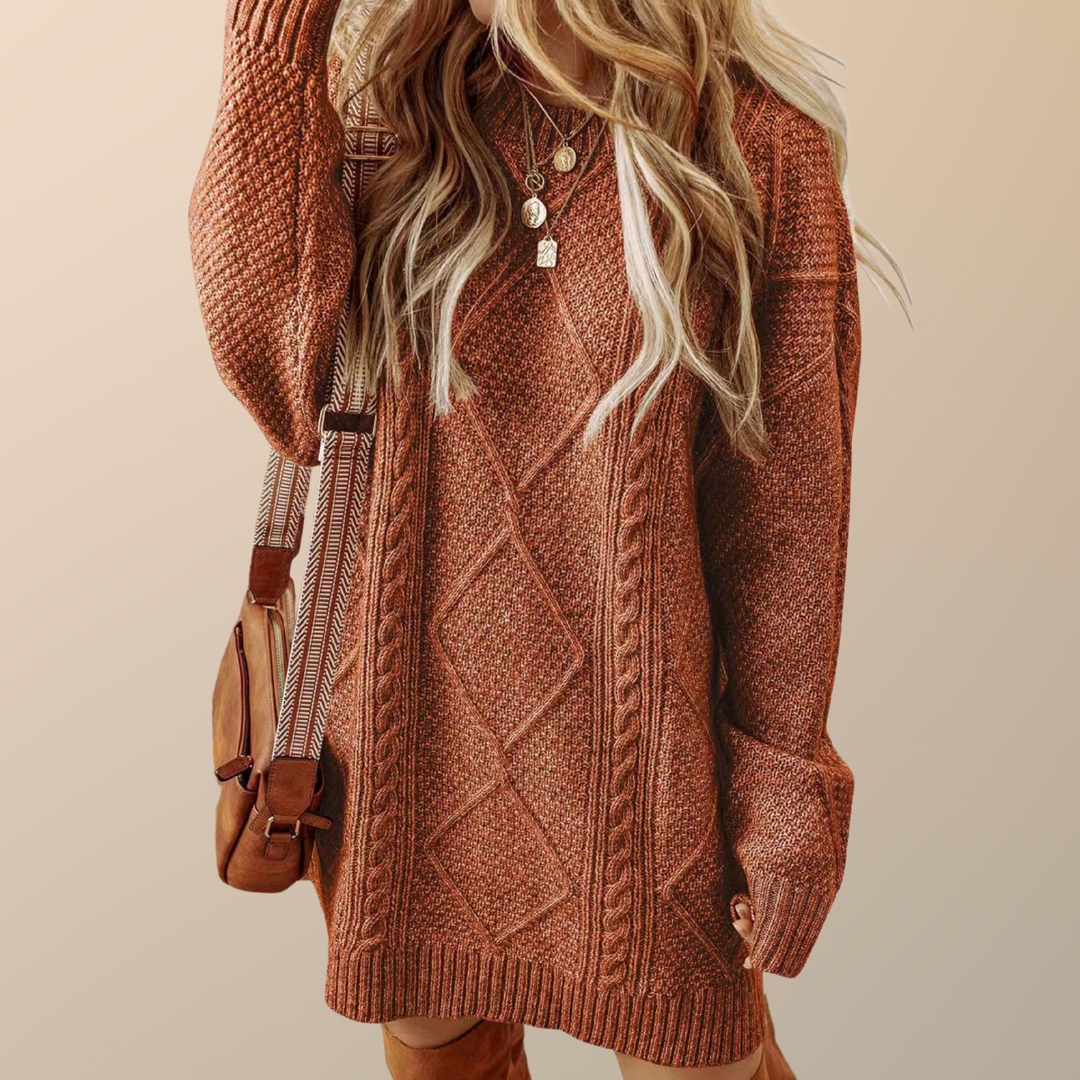 APAT™ - Cozy Round Neck Long Sleeve Midi Sweater Dress