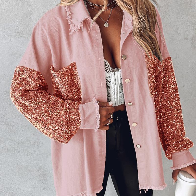 NENITA™ - Chic Oversized Sequin Hem Collared Button Down Jacket